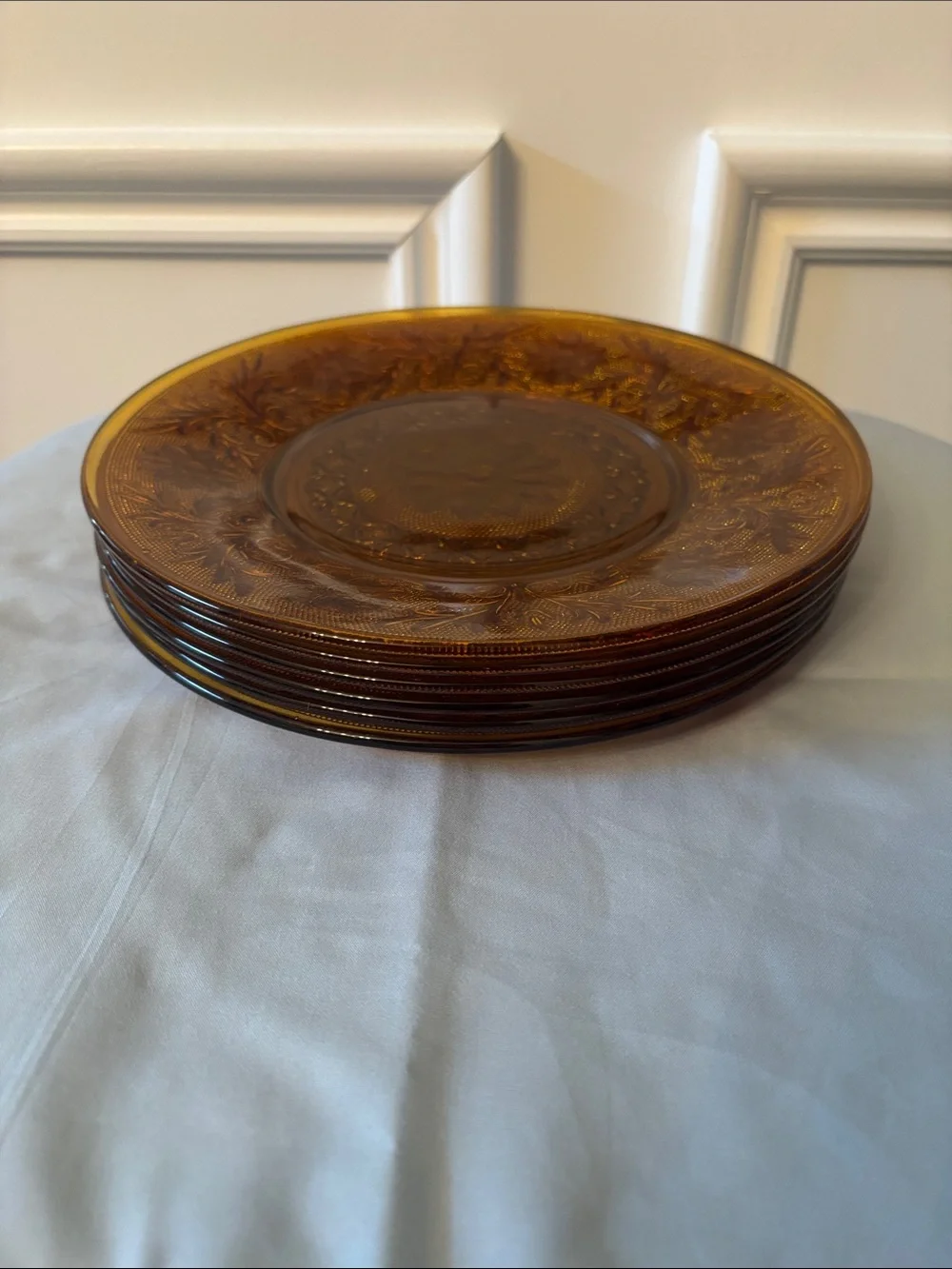 Indiana Glass Tiara Amber Floral Pressed Glass Dinner Plate (6)